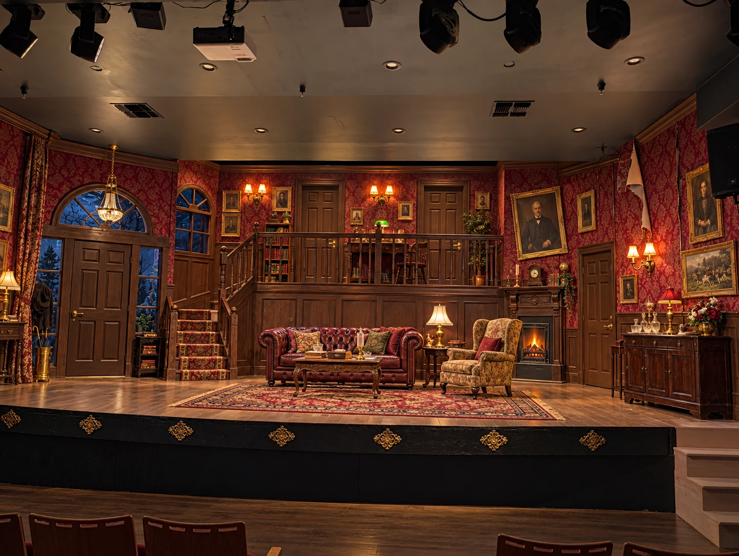 Burgundy and walnut country-house scenic concept based on the stage